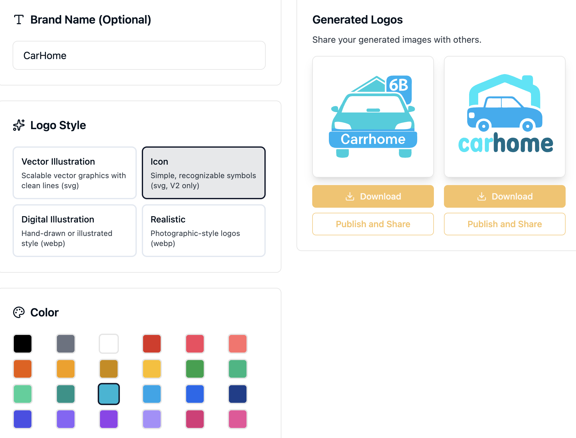 AI logo generator example showing logo creation interface with brand name, style selection, and generated logos