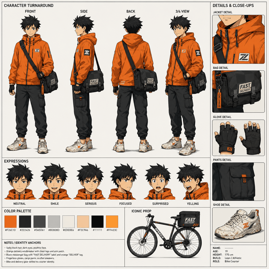 Anime bike courier character sheet with front, side, back, and three-quarter turnaround views