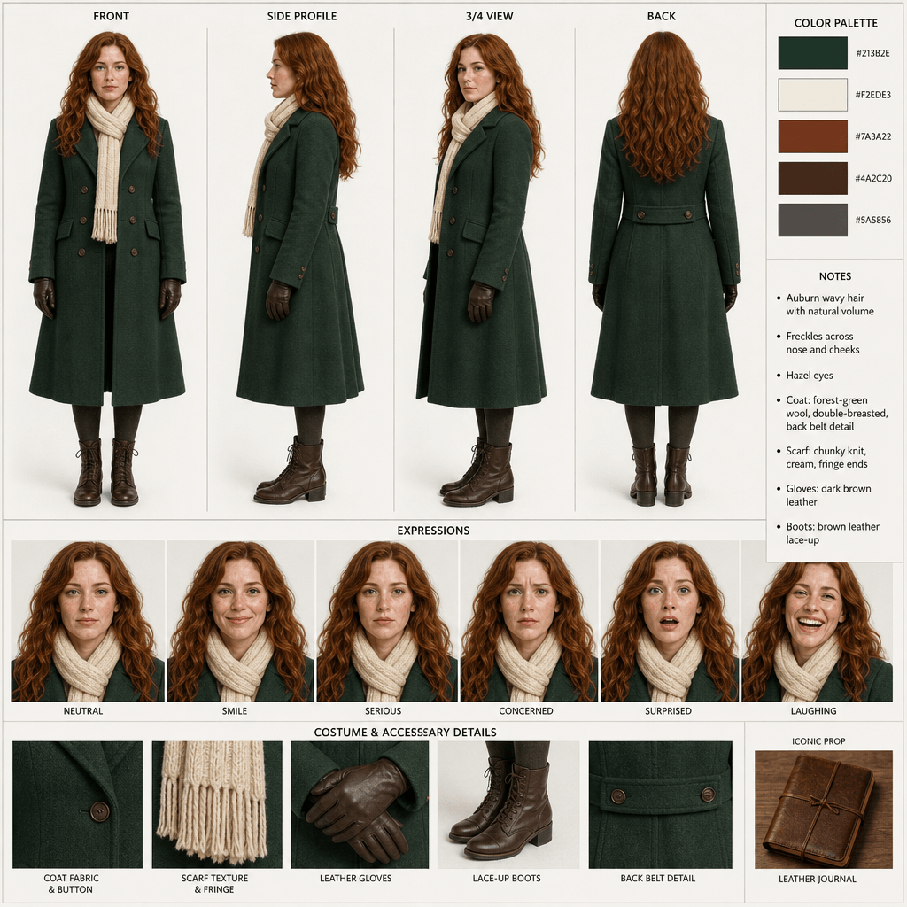 Character sheet example showing consistent face, hair, and outfit across multiple panels