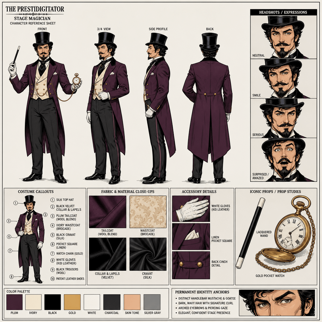 Concept art character sheet with costume, prop, and close-up detail panels