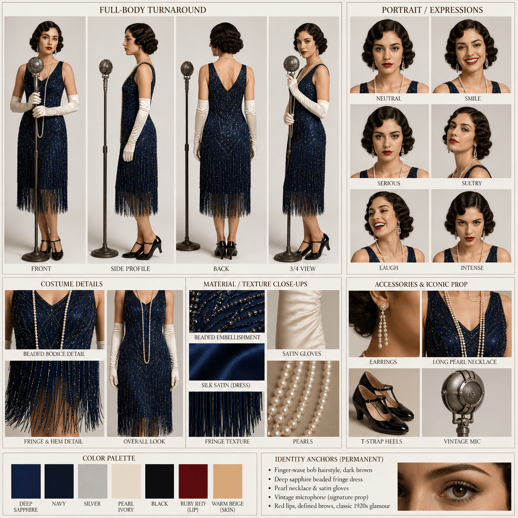 Photoreal 1920s jazz singer character sheet with turnaround, expressions, costume details, and color palette