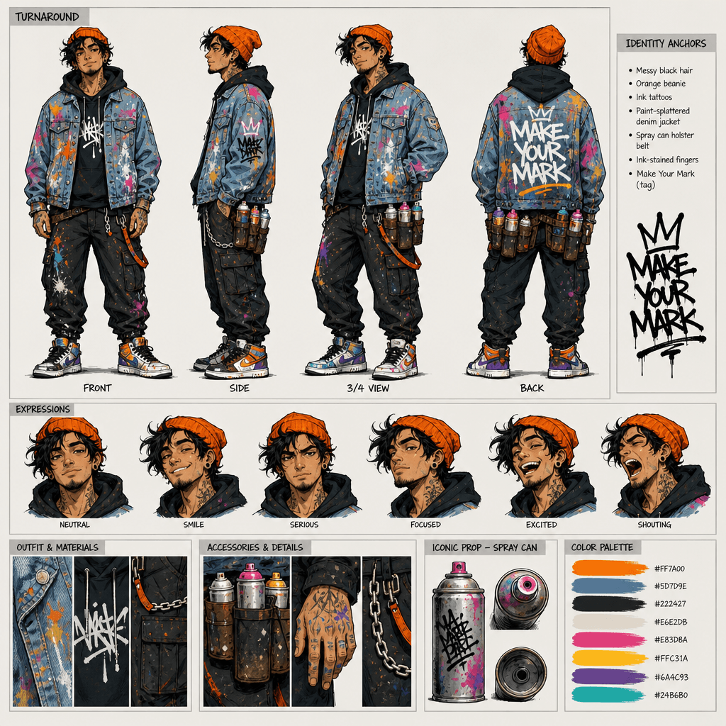 Comic-style street mural artist character sheet with paint-splattered denim, spray cans, and expression row