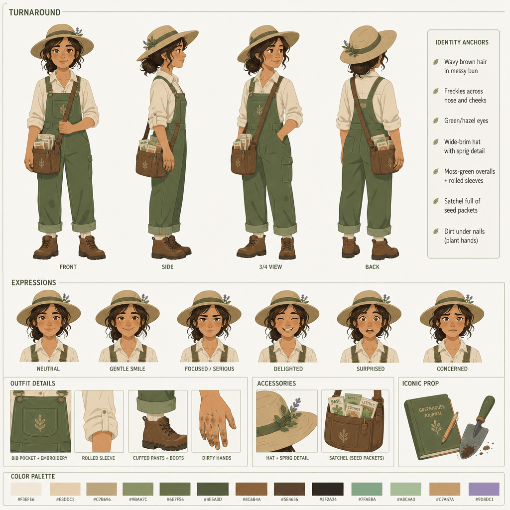 Cozy greenhouse botanist character sheet with overalls, straw hat, seed satchel, and expression studies