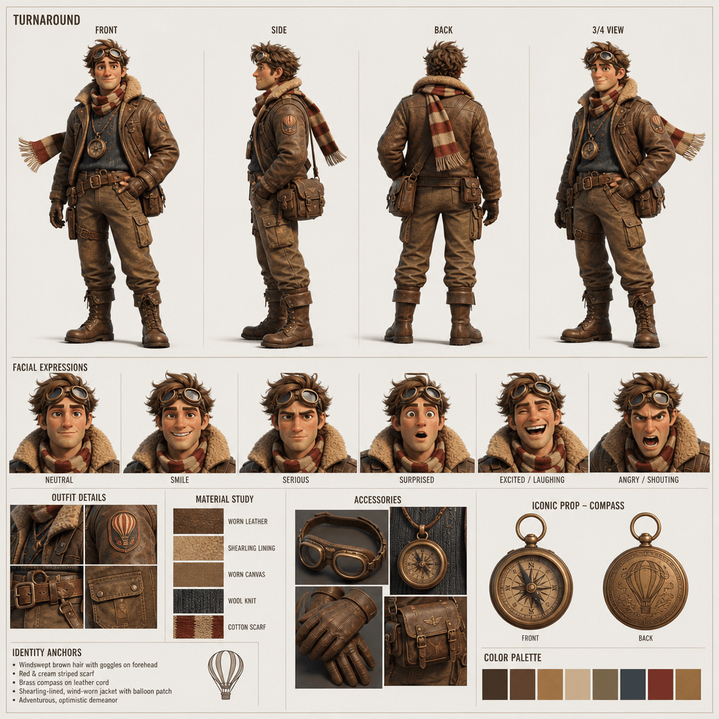 Stylized 3D balloon navigator character sheet with aviator jacket, compass prop, and material studies