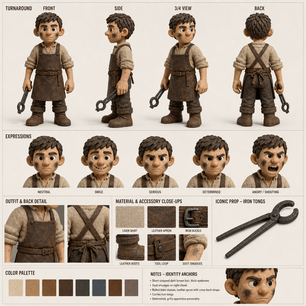 Claymation blacksmith apprentice character sheet with leather apron, iron tongs, and soot identity anchors