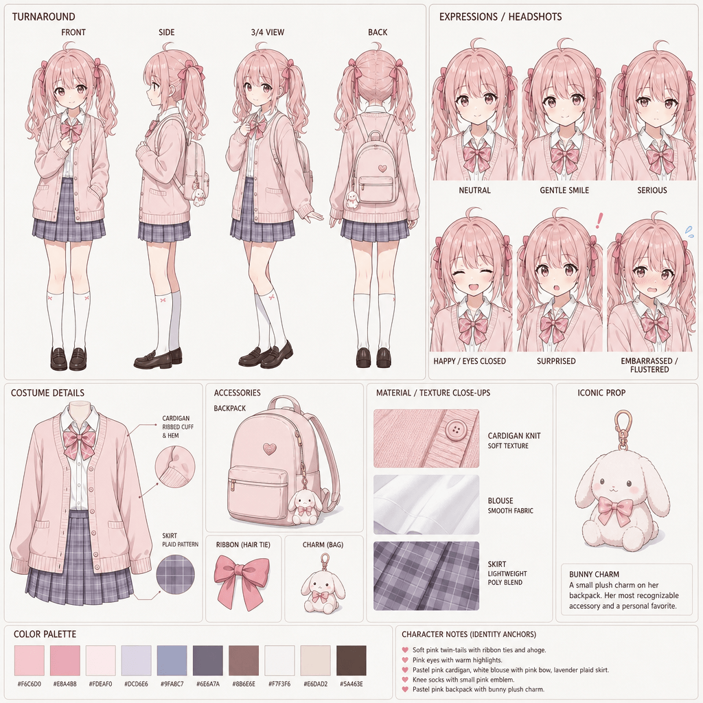 Japanese comic cute anime girl character sheet with pink twin-tails, school outfit, and bunny charm