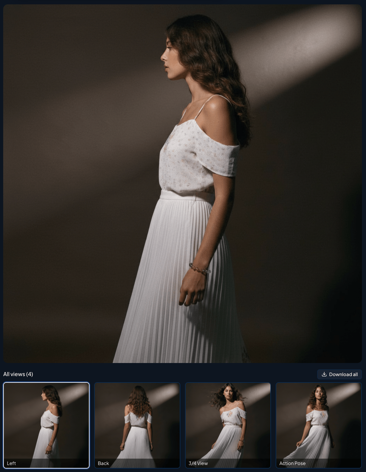 Editorial-style fashion model wearing a white off-shoulder top and pleated skirt, shown in a left side view, back view, three-quarter view, and action pose generated from a single reference photo.