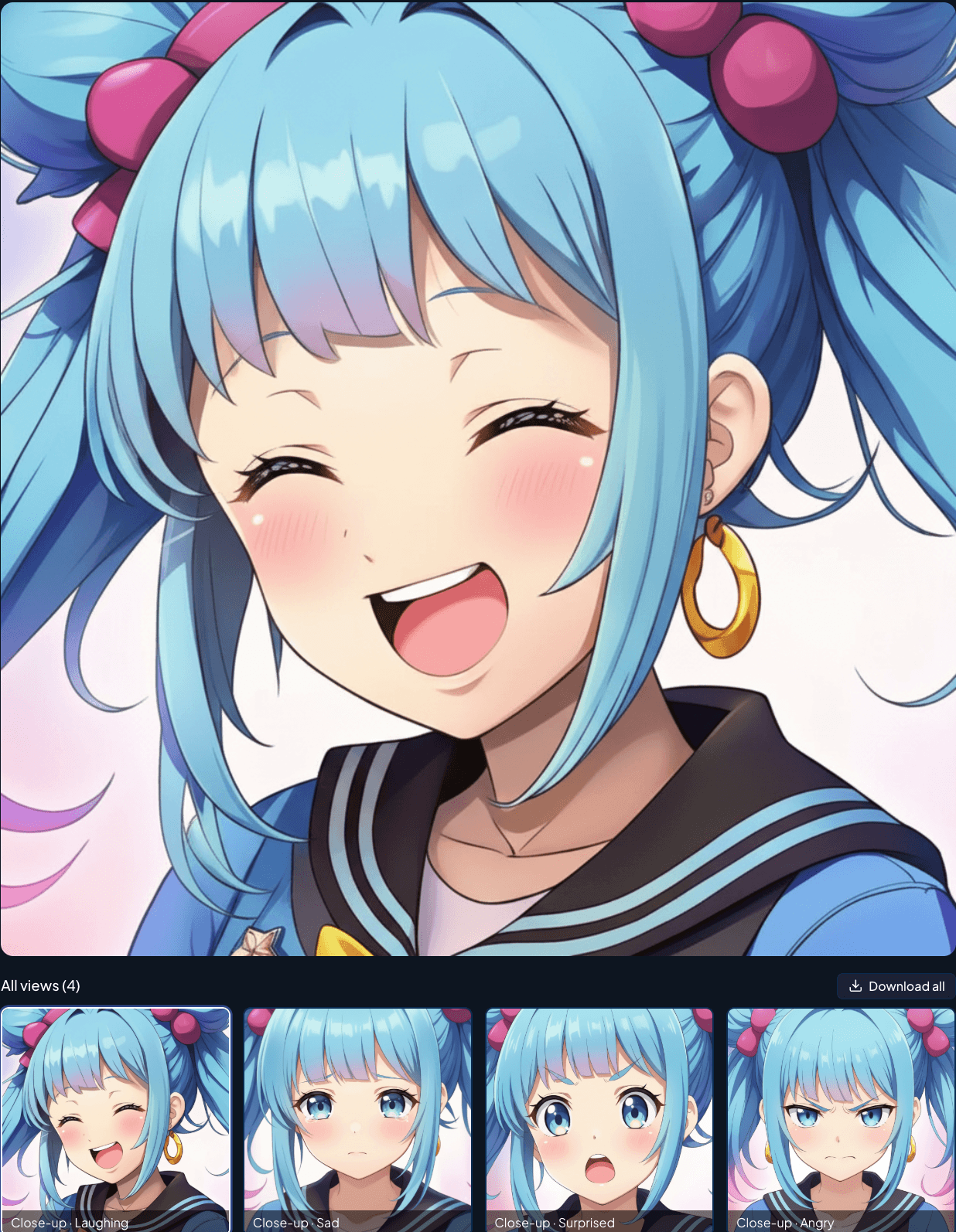 Anime-style girl with blue twin tails and a sailor uniform shown in laughing, sad, surprised, and angry expression close-ups generated from a single character reference.