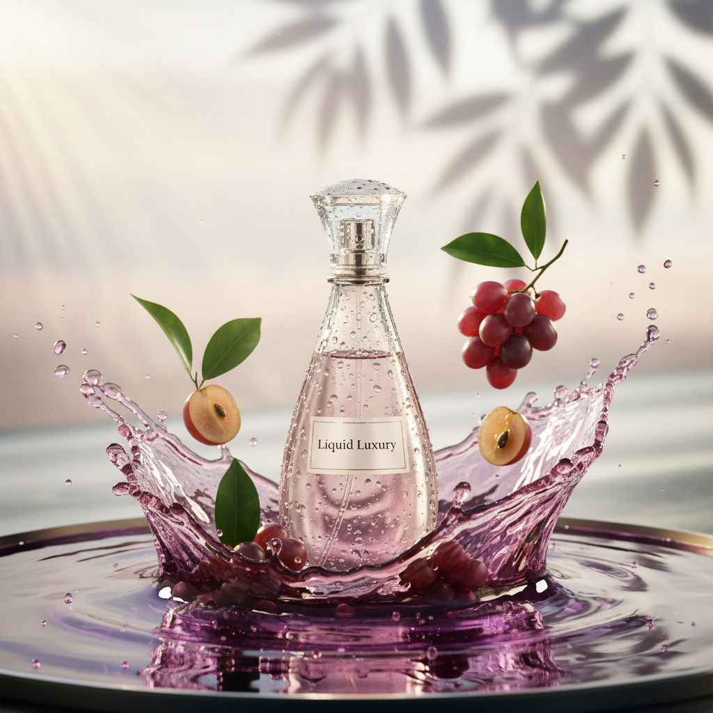 Product bottle splash example 2 - Clear glass bottle with purple liquid splash and grapes