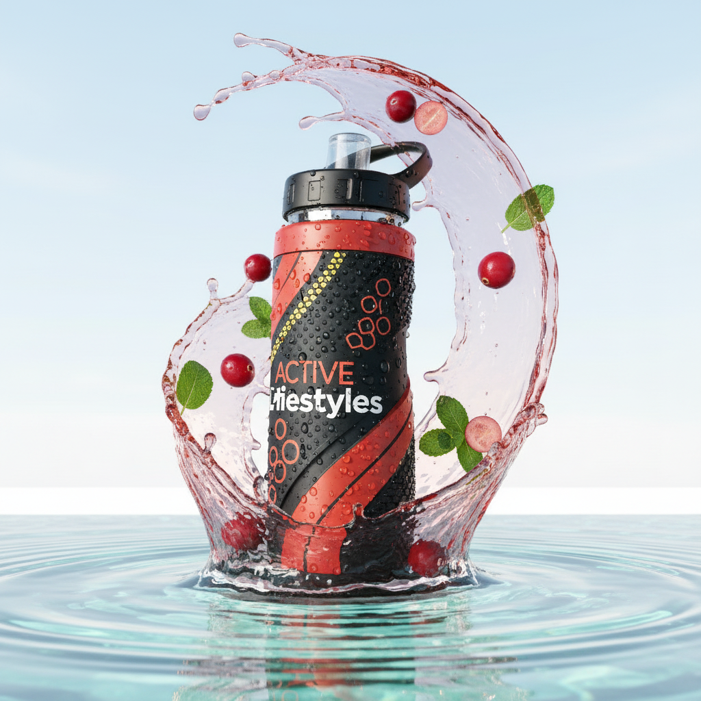 Product bottle splash example 3 - Black and red sports bottle with red liquid splash and cranberries