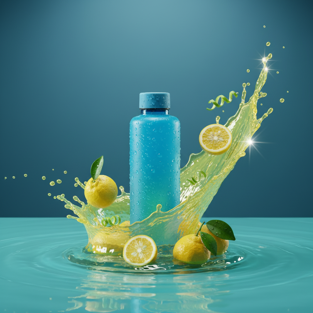 Product bottle splash example 4 - Blue bottle with yellow lemon splash
