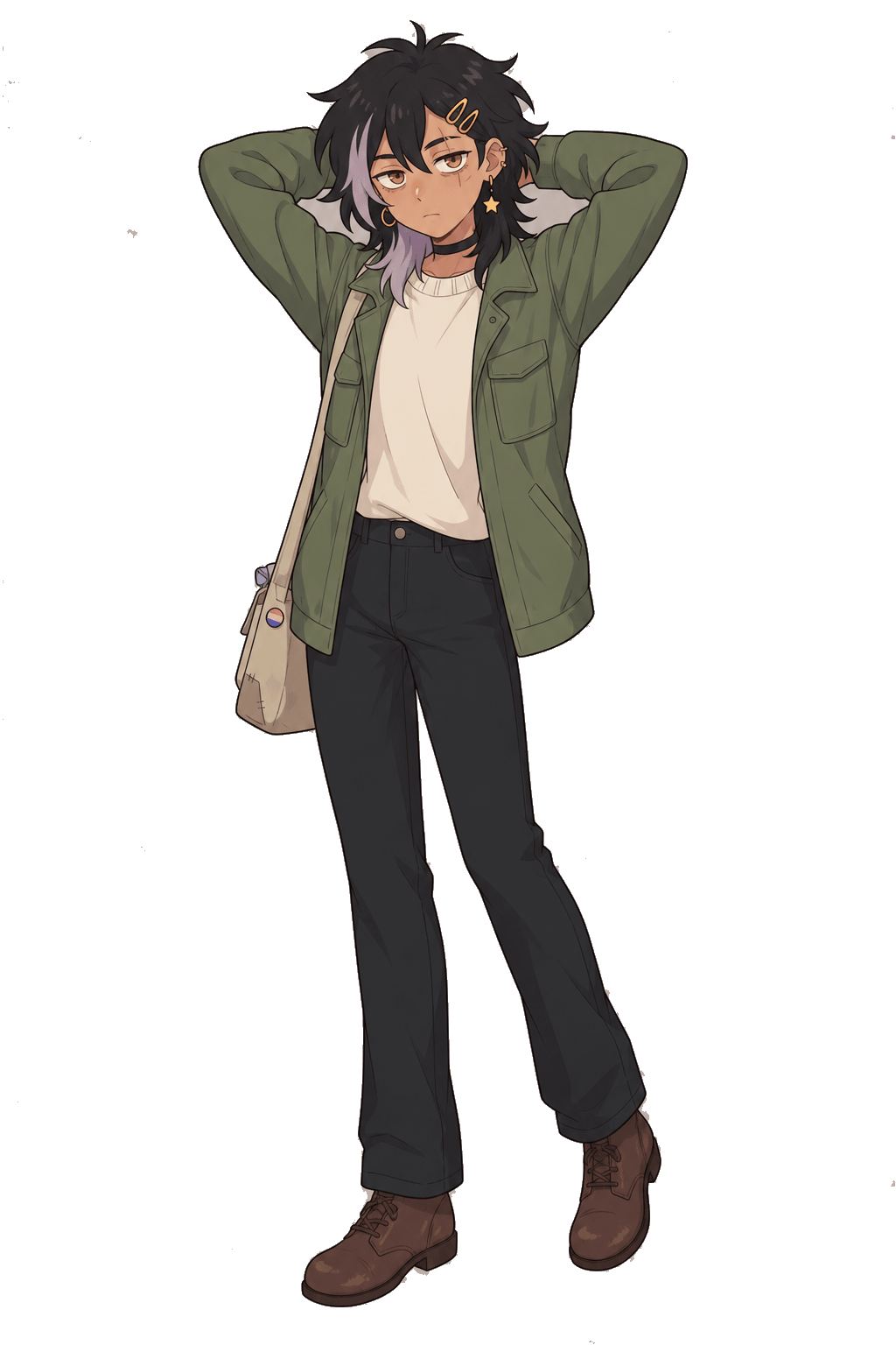 Same original character with hands behind the head