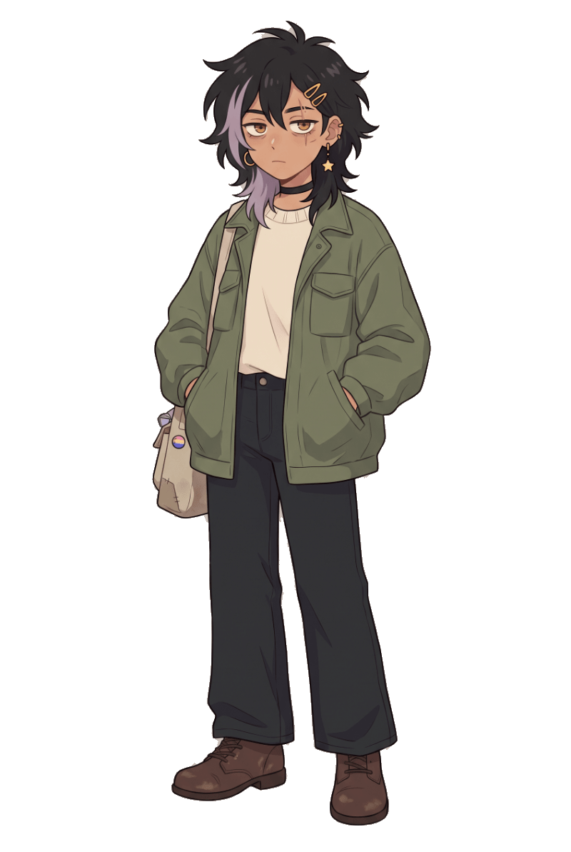 Original character standing with hands in jacket pockets